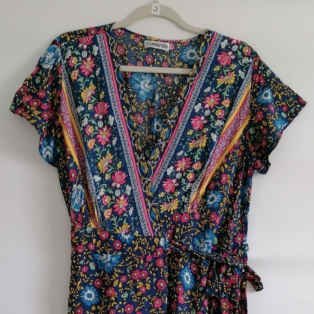 Temofon Women's Blue Floral Boho Summer Surplice Neck Wrap Dress Size X-Large - Picture 2 of 7